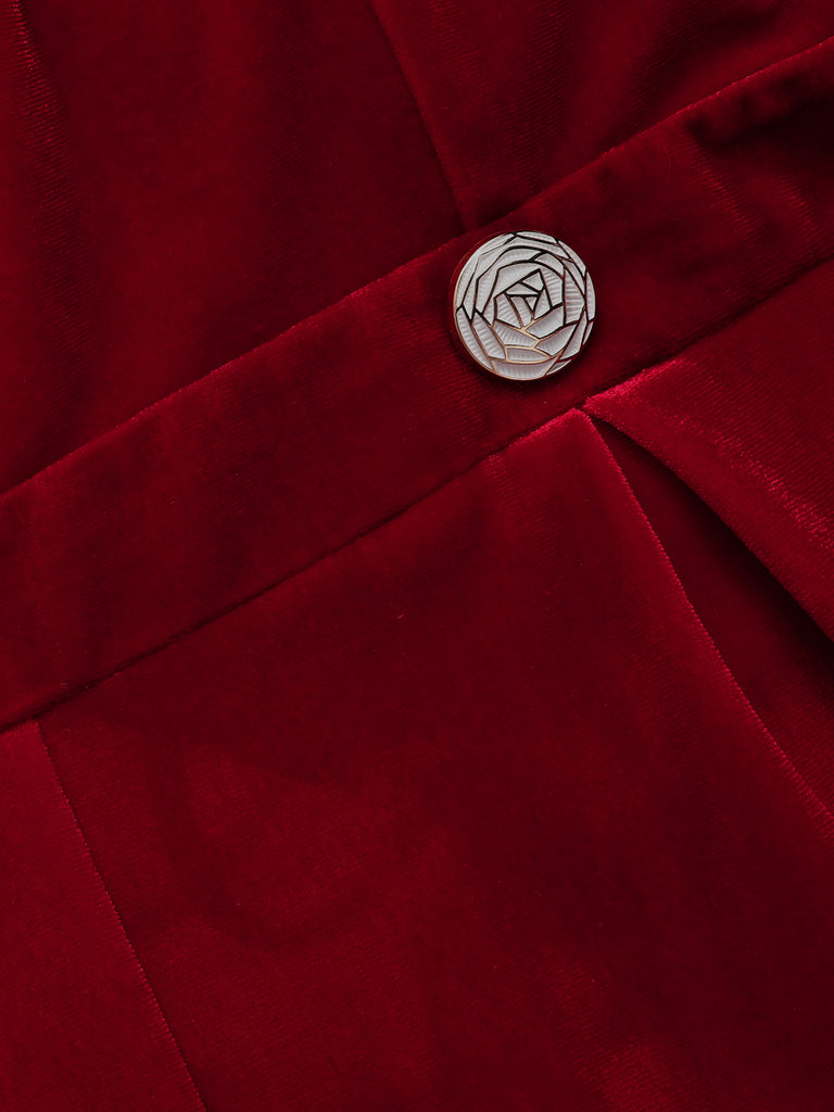 Red 1950s Velvet Off Shoulder Button Jumpsuit — 1950s style that transcends decades