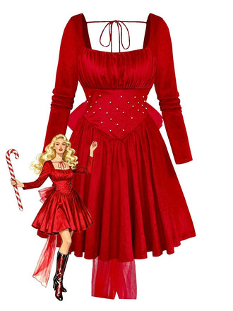 She slips into this Red 1950s Velvet Pearl Ruched Tulle Bow Dress and suddenly it's a 1950s daydream