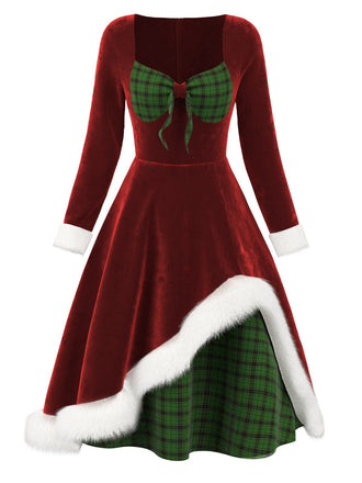 She slips into this Red 1950s Velvet Plush & Plaid Patchwork Dress and suddenly it's a 1950s daydream