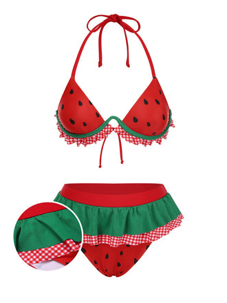 She's wearing Red 1950s Watermelon Ruffled Bikini Set and the whole beach remembers the 1950s