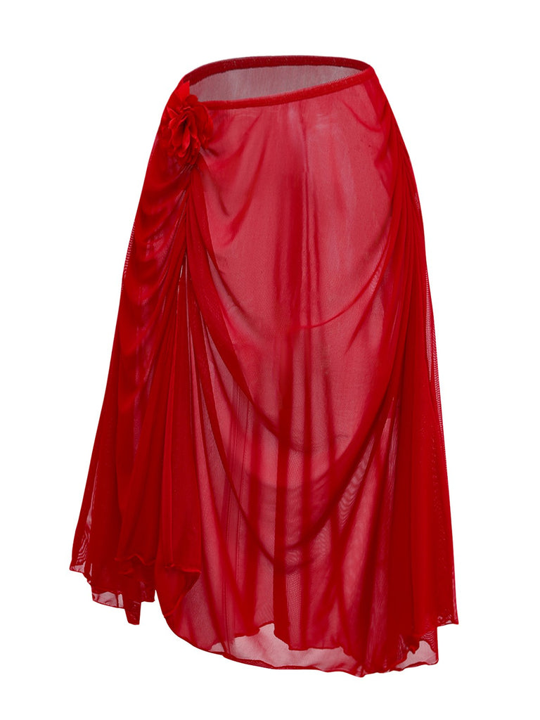 Red 1960s 3D Floral Mesh High-Low Cover-Up - vintage fashion, retro style, elegant red