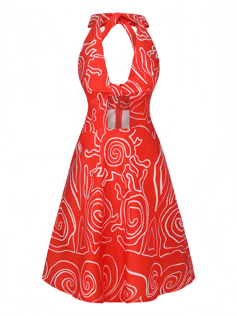 Red 1960s Abstract Print Cutout Twist Halter Dress - vintage dress, retro fashion, elegant red