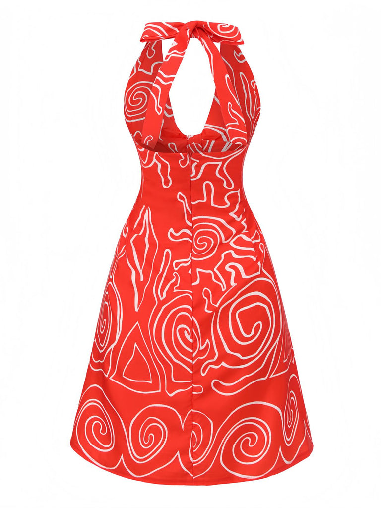 Red 1960s Abstract Print Cutout Twist Halter Dress - vintage dress, retro fashion, elegant red