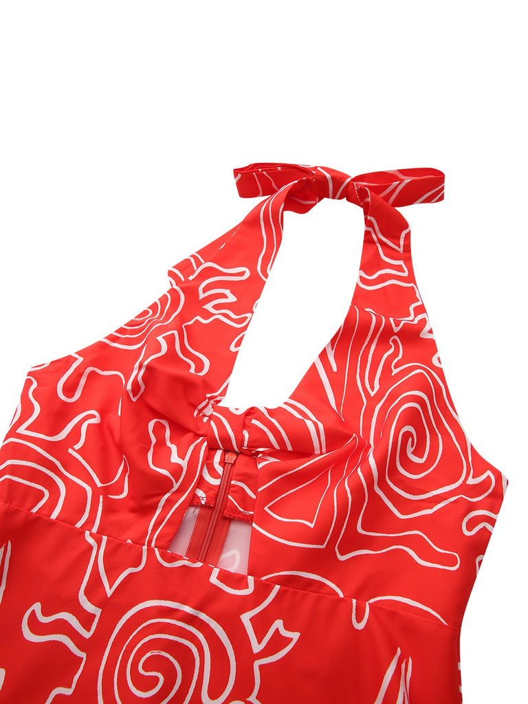 Red 1960s Abstract Print Cutout Twist Halter Dress - vintage dress, retro fashion, elegant red