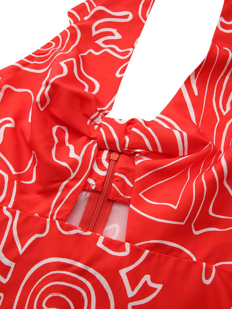 Red 1960s Abstract Print Cutout Twist Halter Dress - vintage dress, retro fashion, elegant red