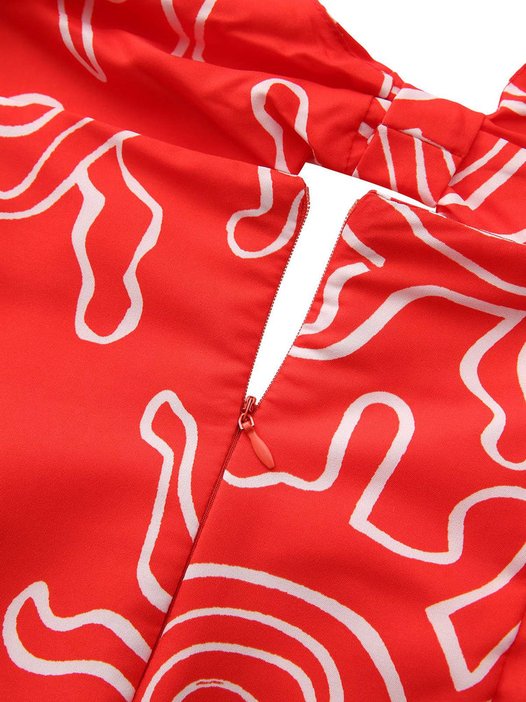 Red 1960s Abstract Print Cutout Twist Halter Dress - vintage dress, retro fashion, elegant red