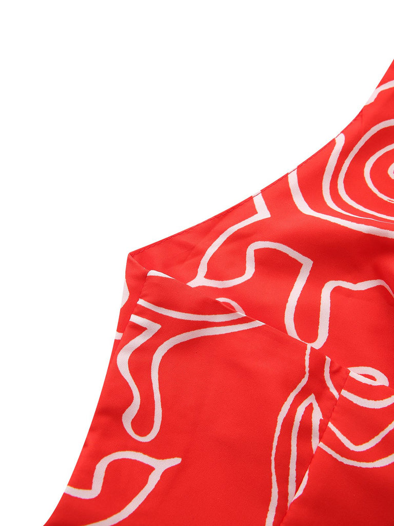 Red 1960s Abstract Print Cutout Twist Halter Dress - vintage dress, retro fashion, elegant red