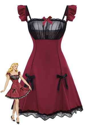 Red 1960s Bow Lace Patchwork Ruffled Nightgown - vintage nightgown, retro sleepwear, elegant red