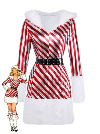 She slips into this Red 1960s Candy Cane Stripe Hooded Dress & Leg Warmers and suddenly it's a 1960s daydream