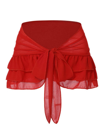 [Plus Size] Red 1960s Chiffon Ruffled Skirt Cover-Up