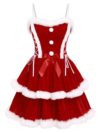 She slips into this Red 1960s Christmas Velvet Double Layer Dress and suddenly it's a 1960s daydream