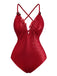 Red 1960s Deep-V Glitter 3D Floral One-Piece Swimsuit