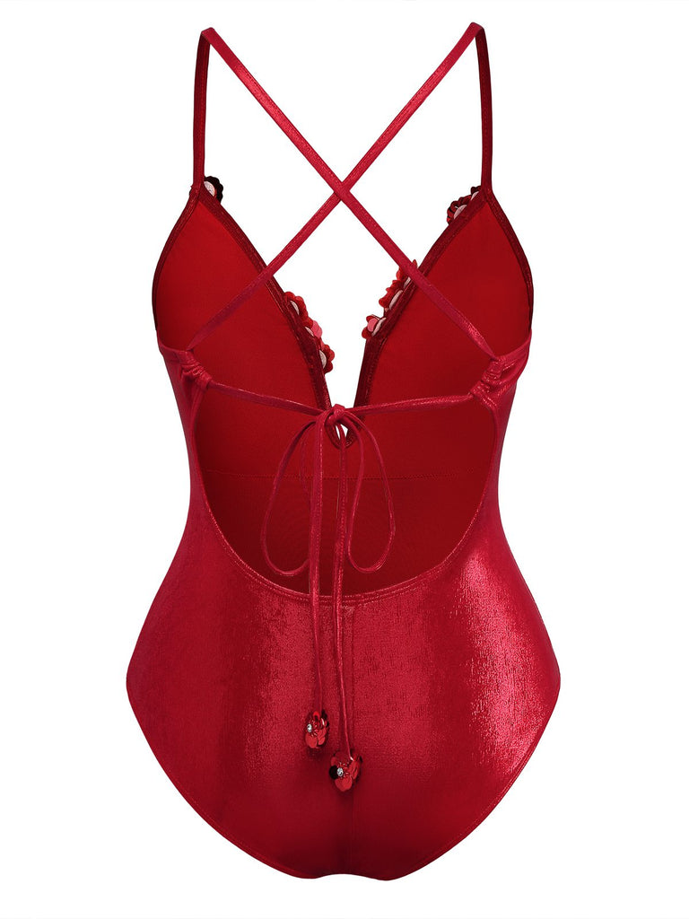 Red 1960s Deep-V Glitter 3D Floral One-Piece Swimsuit: 1960s Riviera elegance, reimagined for her