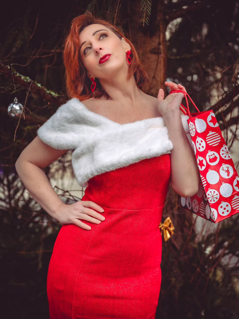 She slips into this Red 1960s Faux Fur Off-Shoulder Dress and suddenly it's a 1960s daydream