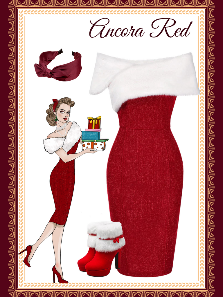 She slips into this Red 1960s Faux Fur Off-Shoulder Dress and suddenly it's a 1960s daydream