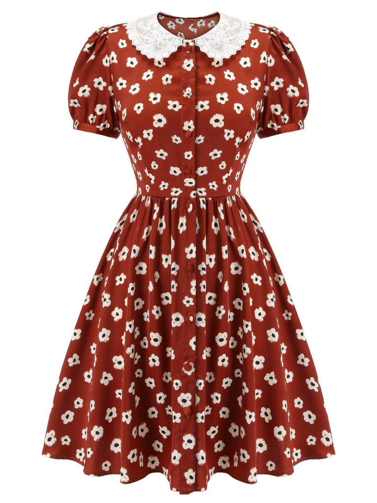 Red 1960s Floral Puff Sleeve Flared Dress | Retro Stage Red 1960s Floral Puff Sleeve Flared Dress | Retro Stage