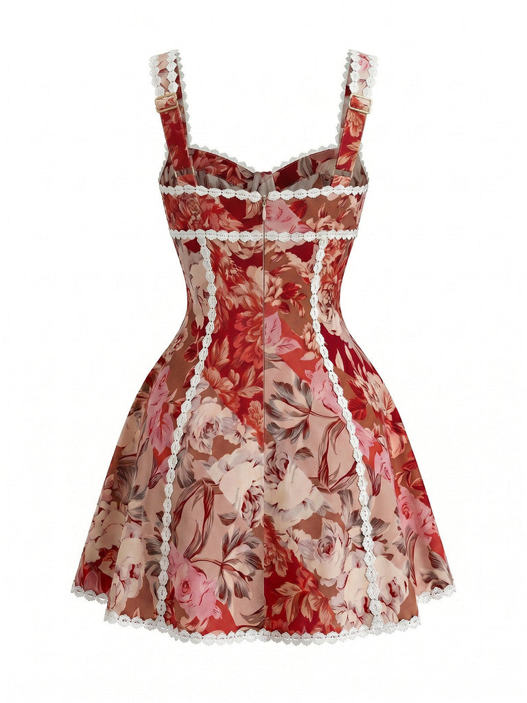 Red 1960s Floral Sweetheart Neck Lace Up Mini Dress Red 1960s Floral Sweetheart Neck Lace Up Mini Dress