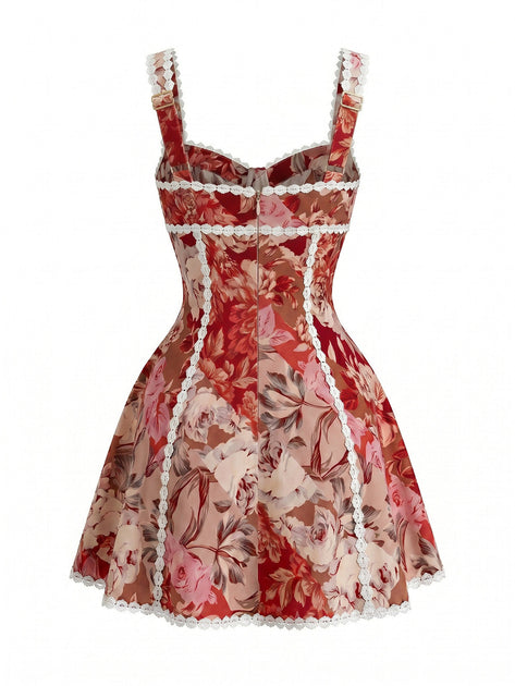 Red 1960s Floral Sweetheart Neck Lace Up Mini Dress | Retro Stage Red 1960s Floral Sweetheart Neck Lace Up Mini Dress | Retro Stage