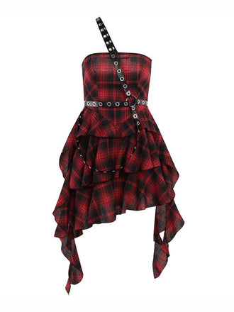 Red 1960s Gothic One-Shoulder Plaid Dress: timeless style reimagined