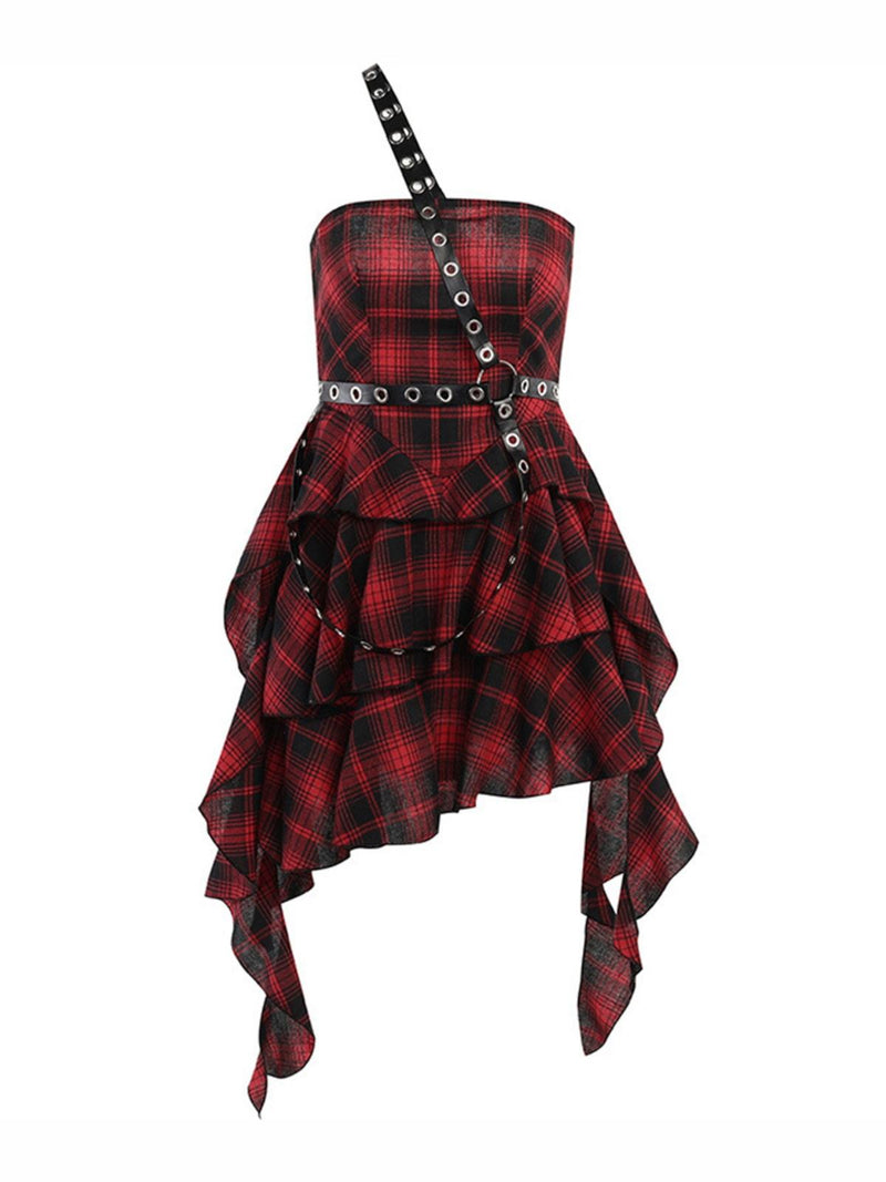 plaid one shoulder dress Petal and Pup Women's Amelie Bow Front One Shoulder Midi Dress