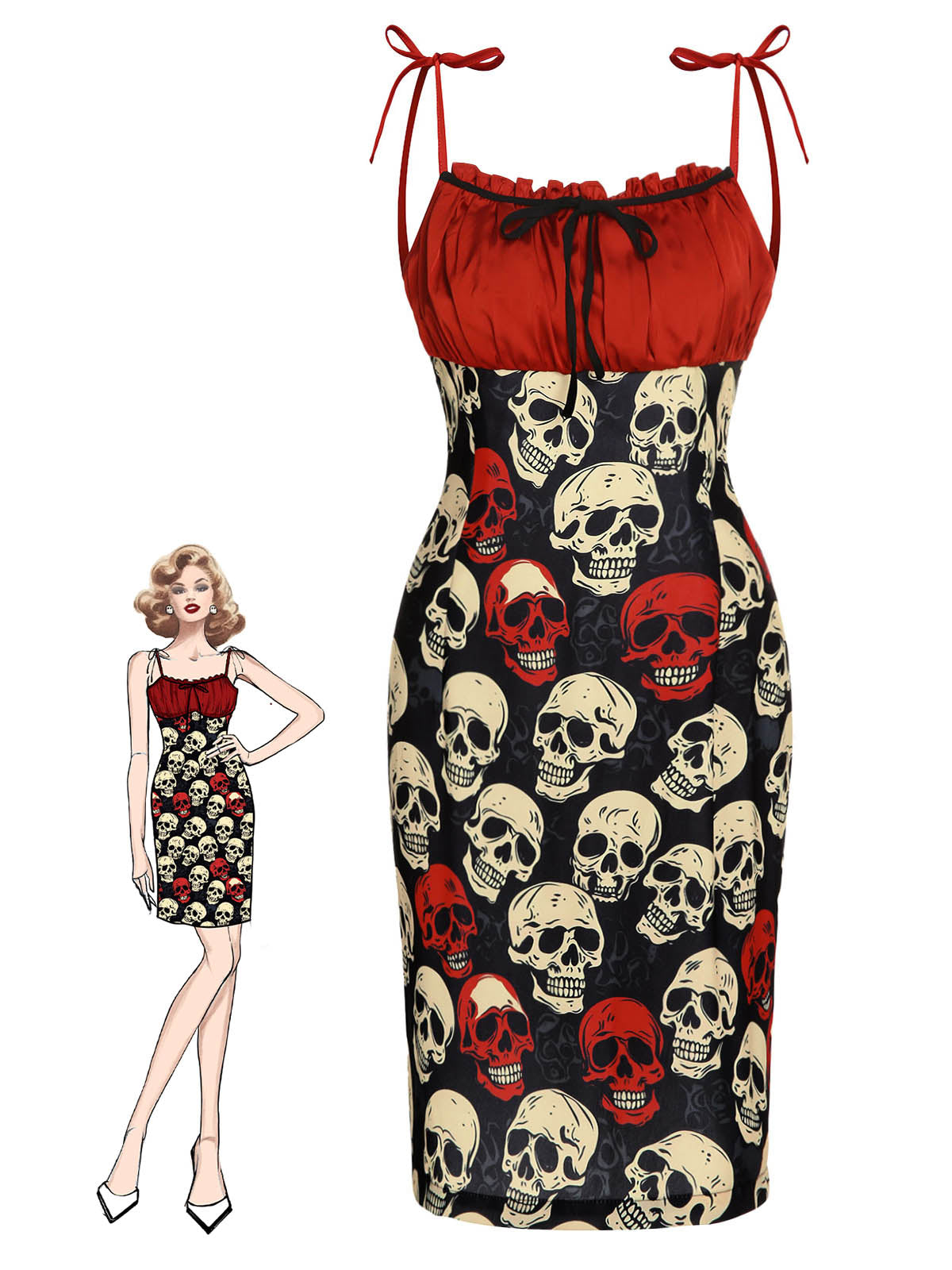 Women's Halloween Skull Print Spaghetti Strap Skeleton Dress Red