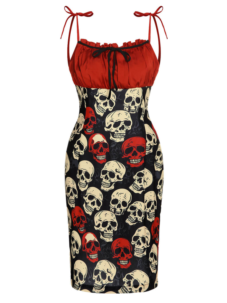 Women's Halloween Skull Print Spaghetti Strap Skeleton Dress Red
