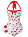 She's wearing Red 1960s Halter Bow Strawberry One-Piece Swimsuit and the whole beach remembers the 1960s