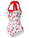 This Red 1960s Halter Bow Strawberry One-Piece Swimsuit carries 1960s vacation dreams in every stitch