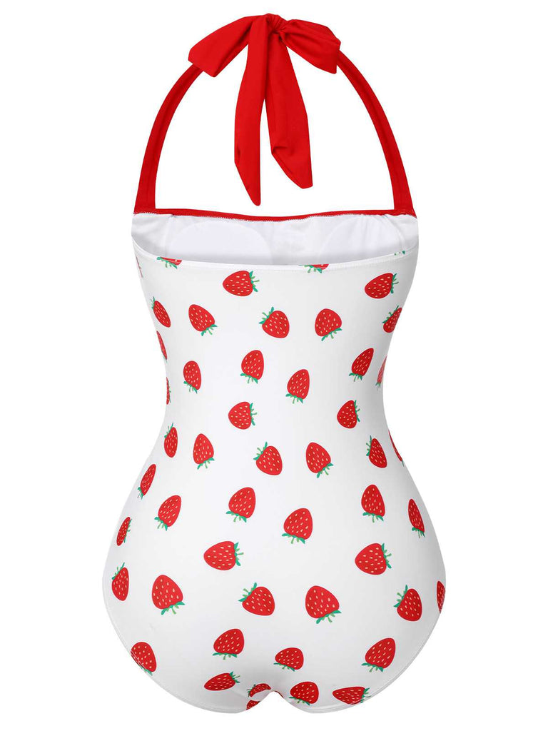 Red 1960s Halter Bow Strawberry One-Piece Swimsuit — because 1960s glamour never goes out of style
