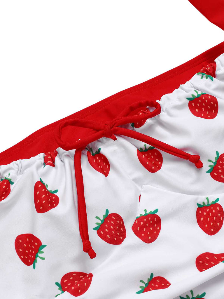 Red 1960s Halter Bow Strawberry One-Piece Swimsuit — 1960s poolside glamour meets sun-drenched confidence