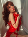 Red 1960s Heart Mesh Flower Edge Nightdress - vintage dress, retro fashion, elegant red