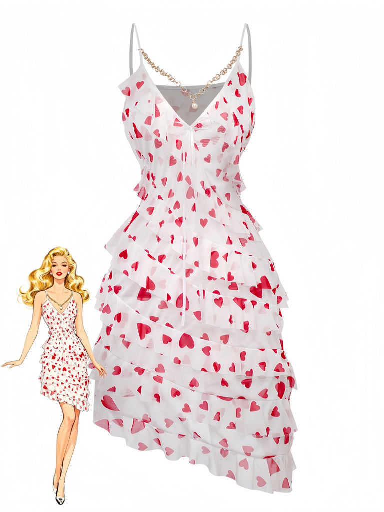 Red 1960s Heart Ruffled Mesh Slip Nightgown - vintage nightgown, retro sleepwear, elegant red