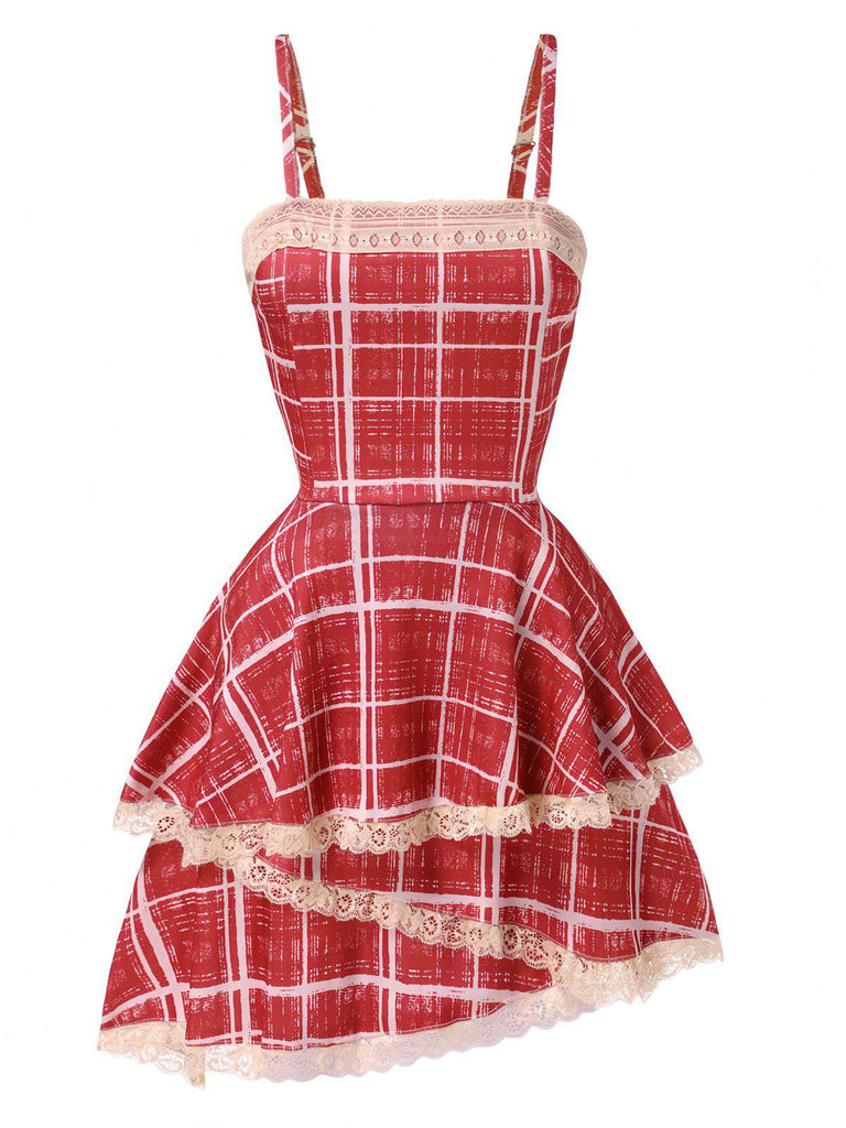 She slips into this Red 1960s Irregular Layered Hem Plaid Suspender Dress and suddenly it's a 1960s daydream