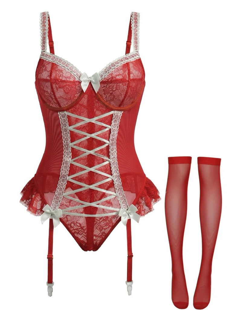 Red 1960s Lace Bow Corset Lingerie With Stocking - vintage fashion, retro style, elegant red