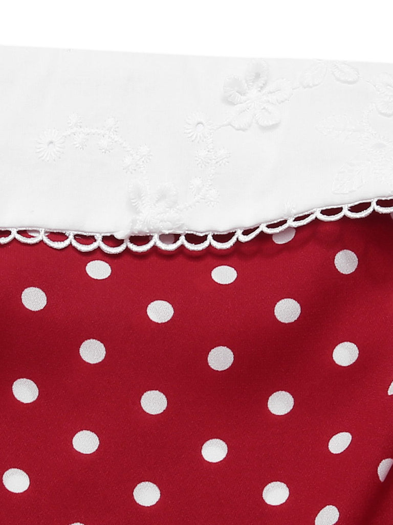 Red 1960s Lace Patchwork Polka Dots Pleated Dress - vintage dress, retro fashion, elegant red