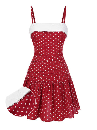 She slips into this Red 1960s Lace Patchwork Polka Dots Pleated Dress and suddenly it's a 1960s daydream