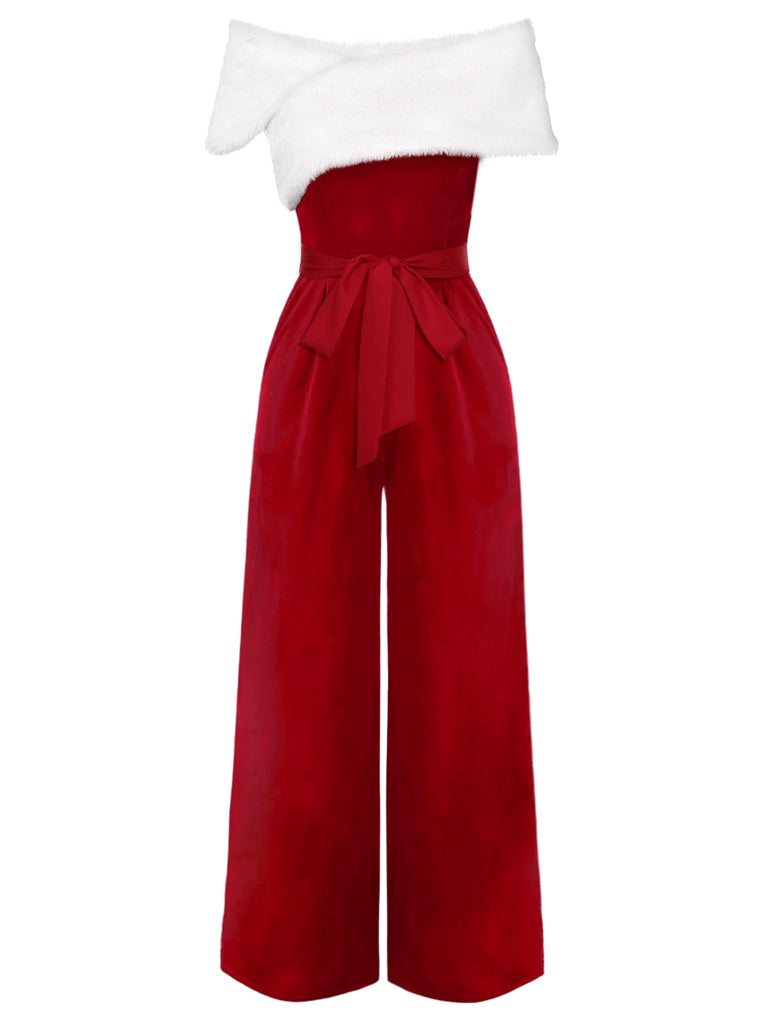 She finds her 1960s story in this Red 1960s Off-Shoulder Faux Fur Velvet Jumpsuit