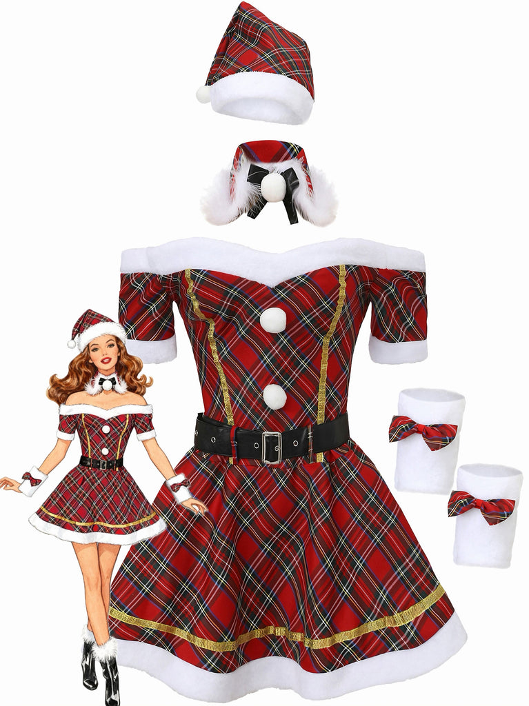 christmas dress off shoulder MYBFYABO Women's Santa Deluxe Mrs. Claus Costume Long Sleeve Bodycon Mini Dress (Red, S) : Clothing, Shoes & Jewelry Back Style Christmas Off-Shoulder Plaid Mini Dress