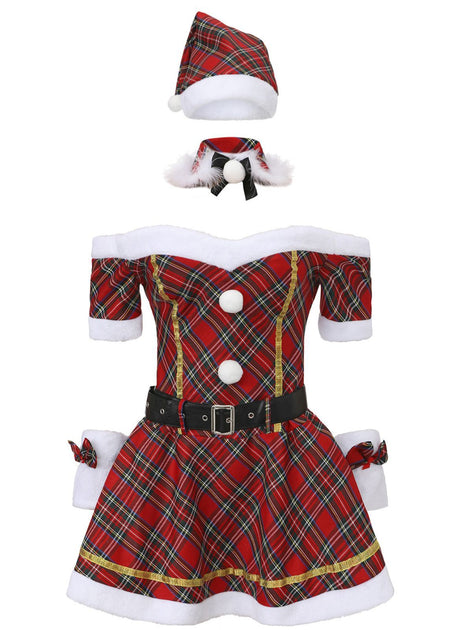 traditional christmas dress Red 1960s Off-Shoulder Plaid Set Bridal Shower Fitted Midi Web Collection: Long sleeve dresses Norwegian High Neckline Back Style Color:DGF