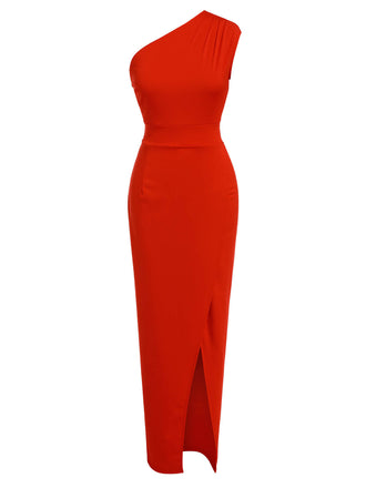 She slips into this Red 1960s One Shoulder Slit Long Dress and suddenly it's a 1960s daydream