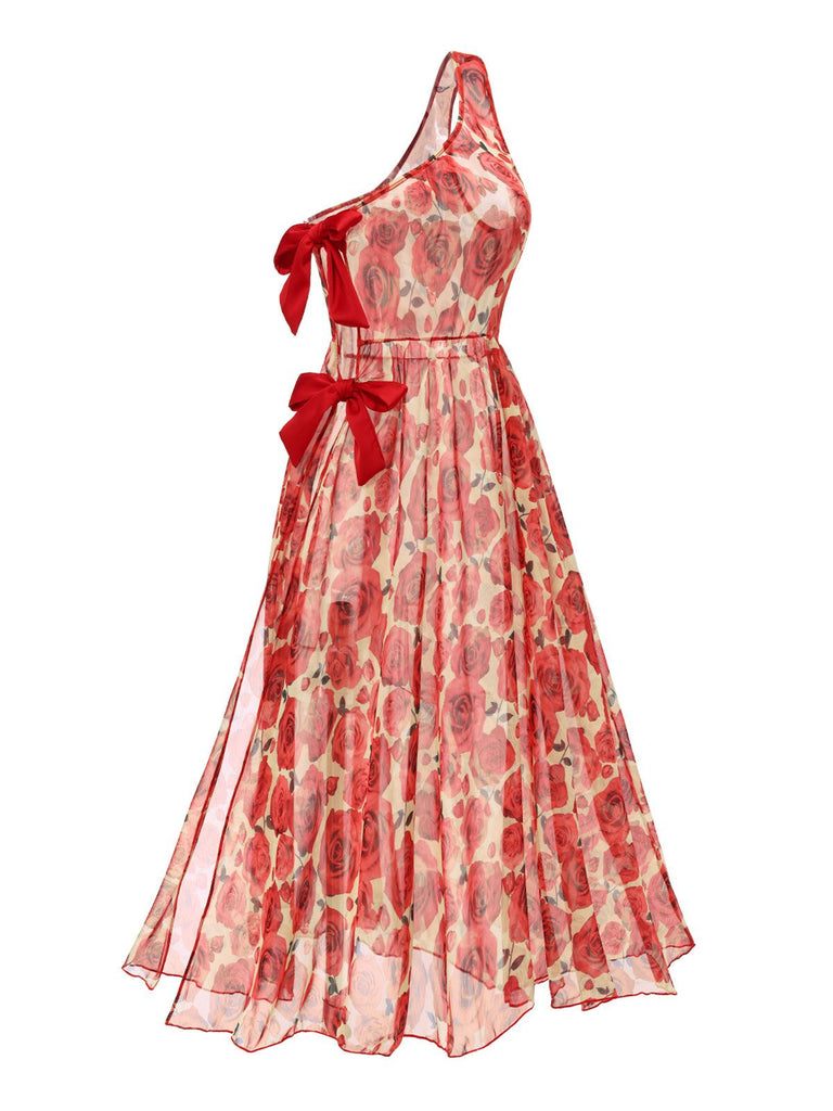 2PCS Red 1960s Glitter Ring Bikini Set & Roses Cover-Up: 1960s Riviera elegance, reimagined for her