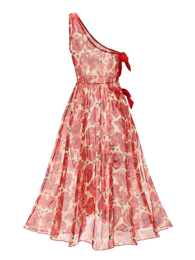 This 2PCS Red 1960s Glitter Ring Bikini Set & Roses Cover-Up carries 1960s vacation dreams in every stitch