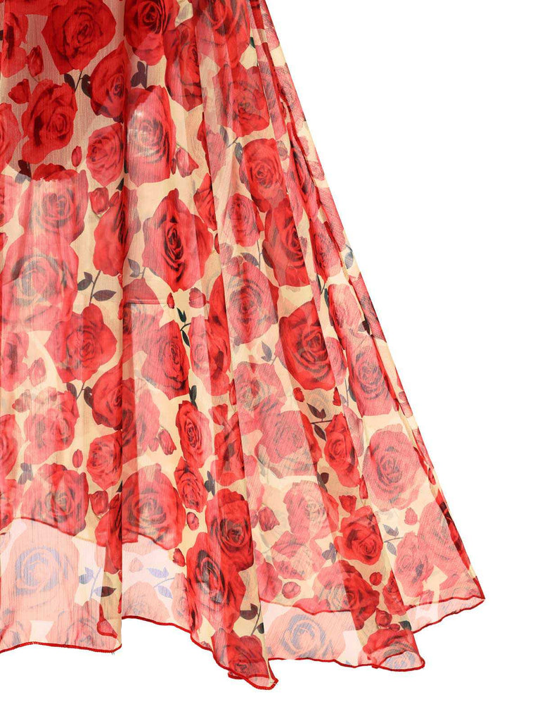 2PCS Red 1960s Glitter Ring Bikini Set & Roses Cover-Up — 1960s poolside glamour meets sun-drenched confidence