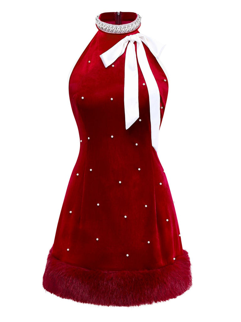 white christmas dresses Red 1960s Pearl Fringe Christmas Velvet Dress