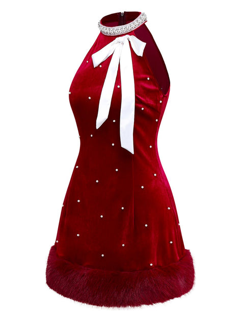 Red 1960s Pearl Fringe Christmas Velvet Dress