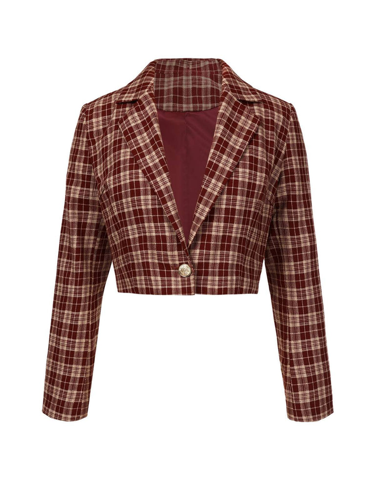 Red 1960s Plaid Lapel Short Coat - vintage fashion, retro style, elegant red