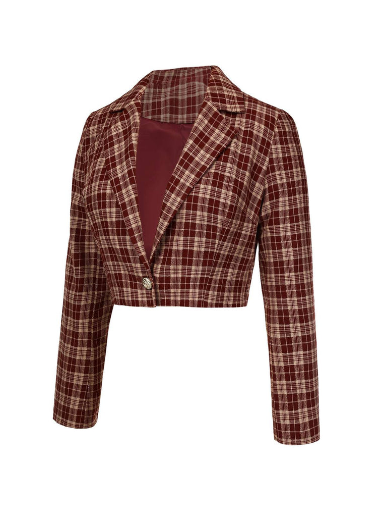 Red 1960s Plaid Lapel Short Coat - vintage fashion, retro style, elegant red