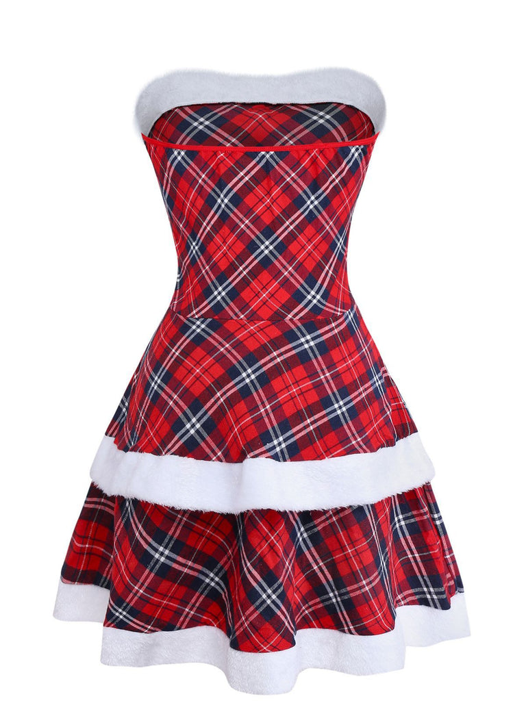 Red 1960s Plaid Strapless Patchwork Dress Set - vintage dress, retro fashion, elegant red