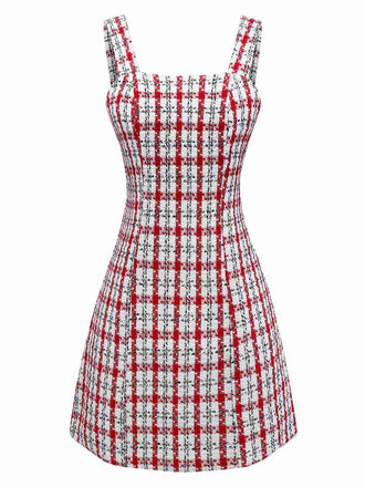 She slips into this Red 1960s Plaid Tweed Vest Dress and suddenly it's a 1960s daydream