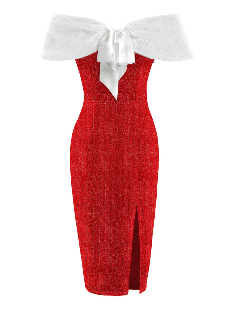 Red 1960s Plush Bow Pencil Dress With Cape - vintage dress, retro fashion, elegant red
